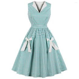 Casual Dresses Green Plaid Vintage Dress Women Cheque Print Bow Pockets Pin Up Vestidos Summer A-Line Cotton Party Womens Clothing 4XL