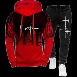 Men's Tracksuits Fashion Faith Printed Autumn Men's Casual Tracksuit Men Sweatshirts and Sweatpants Two Pieces Sets Sportswear Plus Size Clothing T240126