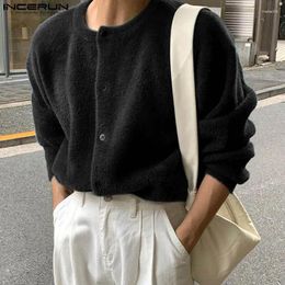 Men's Sweaters INCERUN Tops 2024 Korean Style Men Solid O-neck Loose Sweater Fashion All-match Knitted Cardigan Long Sleeved Pullover S-5XL