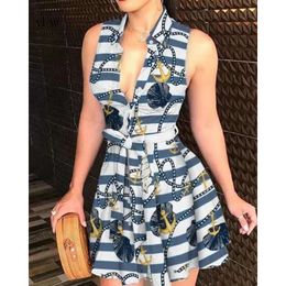 Summer Dresses Women Lace Up Button Down Chain Printed Lapel Neck Party Dress Sexy Bandage Shirt Dress 3xl Plus Size Women Designer Clothing 2266