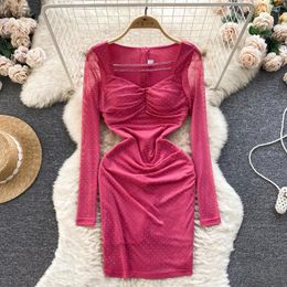 Casual Dresses Bodycon Dress Square Collar Long Sleeve Beading Wave Point Vestidos De Mujer Mesh Patchwork Solid Color Summer Dropship