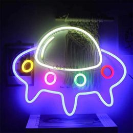 LED Neon Sign UFO Spaceship Shape Neon Signs Lights Wall Art Colourful LED Strip Made Night Lamp Kids Bedroom Gift Bar Home Party Decoration YQ240126