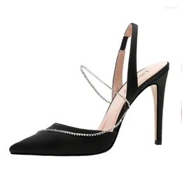 Dress Shoes 31-44 Sexy Rhinone Buckle Back Empty Sandals 2024 Pointed Stiletto Heel High Heels Satin Women Red Black Dark Blue