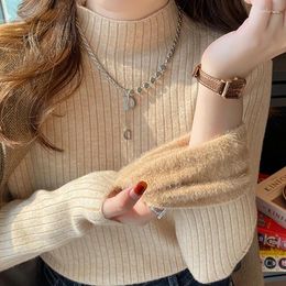 Women's Sweaters Women Velvet Thicken Warm Semi Turtleneck Knit Thermal Pullovers Solid Ribbed Sweater 2024 Fall And Winter