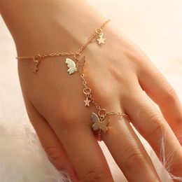 Charm Bracelets Design Gold Color Star Butterfly Bracelet For Women Fashion Connected Finger On Hand Female Ring Boho Jewelry Gift296N