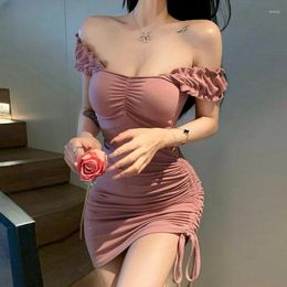 Casual Dresses Women Korean Style Sexy Ladies Summer Slash Neck Draw String Slim Solid Fashion All-match Female Chic Ulzzang