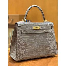 Designer Crocodile Leather Handbag Handmade 7A Cowhide Women Grey Women's Leather Fully Handmade WaxDKSN