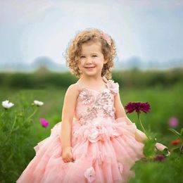 Girl Dresses Pink Flower Pearls Tulle Applique Suspenders Princess Kids Baby For Wedding First Communion Birthday Party Dress