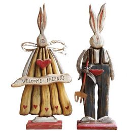 Wooden Rabbit Model Figurine Statue Easter Bunny Ornament Rustic Farmhouse Decor K0AA 240119
