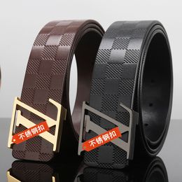 New Arrival Men's Luxurious Leather Designer Belt with Plaid Pattern Smooth Buckle Casual and Stylish Stainless Steel Top Cowhide High Quality Waistband with Box