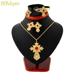 Charm Ethlyn Ethiopian Rhinestone Cross Jewelry Set Gold Color Necklace/earrings/ring/bangle Habesha Africa Wedding Gifts S110