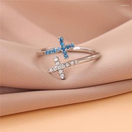 Wedding Rings Fashion White Blue Rhinestone Cross Punk Open For Women Girl High Quality Jewelry LR322