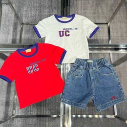 Brand kids T-shirt set designer tracksuits Size 100-160 Splicing design baby Short sleeve and Embroidered logo denim shorts Jan20