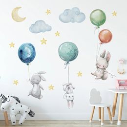 Cute Lovely Flying Rabbits Wall Stickers Balloons Moon Star Cloud Removable Decal for Kids Nursery Baby Room Decor Poster Mural 240123