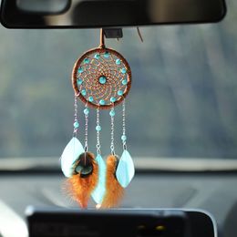 Mini Dream Catcher Goose Feather with Cerulean Blue Beads, Natural Leather, Handmade Small Dreamcatcher for Car Home Dorm Decor 1221280