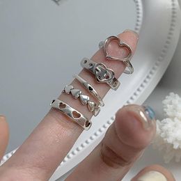 Cluster Rings Fashion Metal Heart Set Silver Color Hollow Pearl Love For Couples Lovers Women Girls Valentine's Day Party