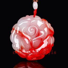 Pendants Natural Red White Jade Rose Flower Pendant Necklace Chinese Jadeite Carved Fashion Charm Jewelry Amulet Gifts for Men Women