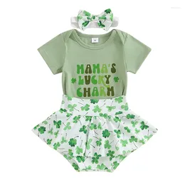 Clothing Sets St Patricks Day Baby Girl Outfit Short Sleeve Romper Shirts Ruffle Four Leaf Clover Shorts Headband Set