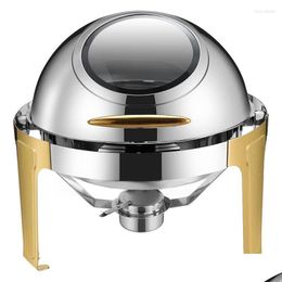 Dinnerware Sets Deluxe Buffet Stainless Steel Round Roll Top Chafer / Chafing Dish 6.8Liter - Gold Stand With Glass Window Drop Deliv Dh7Da