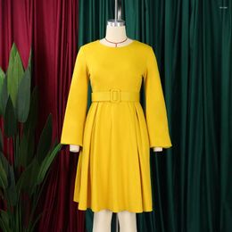 Ethnic Clothing 2024 Autumn African Dresses For Women Elegant Long Sleeve O-neck Polyester White Yellow Blue Party Dress With Belt