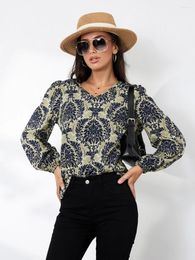 Women's T Shirts Women T-shirt Ethnic Style Long Sleeve V-Neck Plant Print Loose Ladies Spring Fall Tops Streetwear