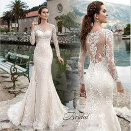 Elegant Long Sleeve 2019 Mermaid Wedding Dresses robe de mariage Lace Appliqued Bridal Gowns Sheer Crew Neck Vintage Country Weddi2414