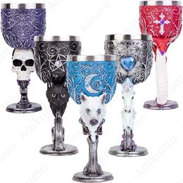 Creative 3D Cat Dragon Skull Unicorn Wolf Chalice Goblet High Quality Resin Stainless Steel Wine Glass Halloween Christmas Gift 240127