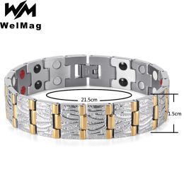 Bracelets WelMag Adjustable Bracelet For Men Double Row Health Care Stainless Steel Bracelet Charm Original Therapeutic Magnetic Bracelet