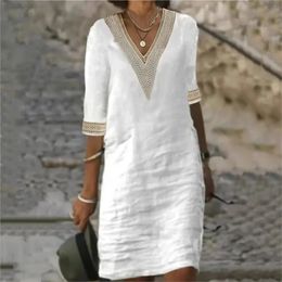 Summer Short Sleeved Women's Vneck Casual Dresses Fashionable White Cotton Linen Loose Medium Length Vestido Elegant Mujer 240124