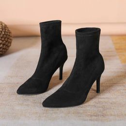 Dress Shoes Ladies High Heels Autumn Simple Fashion Ankle Boots For Women Suede Sewing Stiletto Slip-on Pointy-toed Female