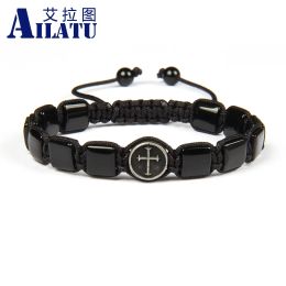 Bracelets Ailatu Stainless Steel Cross Bracelet with 8x8mm Natural Square Stone Beads Macrame Bracelet