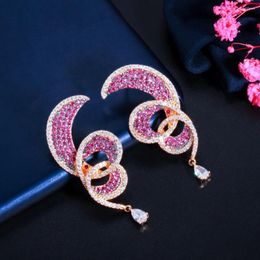 Dangle Earrings ThreeGraces Classic Red Cubic Zirconia Two Tone Gold Color Fashion Drop For Women Party Costume Jewelry E1196