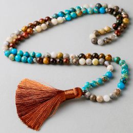 Necklaces Natural Blue Imperial stone With Red creek Stone Bamboo Onyx Beaded Stone Tassel Charm Necklace Women Men 108 Mala Jewellery