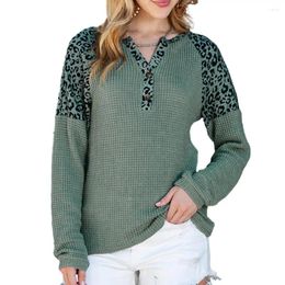 Women's Blouses Women Spring Top V Neck Knited Waffle Texture Leopard Print Contrast Colour Loose Long Sleeve Pullover Lady T-shirt