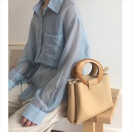 Vintage Wooden Ring Handle Women Handbags Casual Shoulder Messenger Bag Crossbody Bags Designer Purse Large Tote Buckets308B
