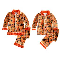 Halloween pajama Set Boys Girls Milk Silk Fabric Yellow pumpkin castle pattern long sleeve pants 2 sibling pajama sets 240122