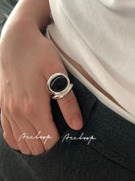 Rings CHOZON Oversized Black Agate Ring Without Gender Exaggeration Concave Shape Silver Irregular Thick Overlapping.