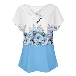 Women's Blouses Floral Print V-neck Top Flower Colorblock V Neck T-shirt For Women Soft Breathable With Button Decor Short Sleeves