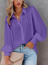 Women's Blouses Casual Folds Button Shirt Woman Summer Turn-down Collar Fashion Long Sleeve Shirts For Women 2024 White Loose Top Femme