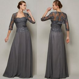 Gelin Gowns Gri Annesi Kolsuz Şifon Evlilik için Anne Elbisesi Gelin Aplike Dantel Boncuklar Ceketli Sargalı Saplı Siyah Kadınlar MD013