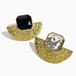 Stud Earrings Peri'sbox 316L Stainless Steel Gold Plated Texture Fan Shape Large Crystal For Women Statement Gem Stone Ear Studs