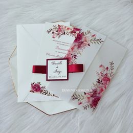 50pc Flower Printed Vellum Wrap for Wedding Invitaton with Burgundy Ribbon and Tag DIY Custom Greeting Cards Bridal Shower 240118