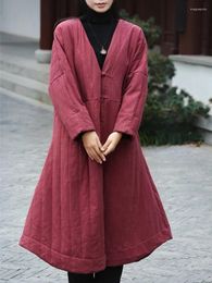 Women's Trench Coats Johnature Women Chinese Style Linen Winter Long Parkas Solid Colour Button V-Neck Sleeve 2024 A-Line Warm