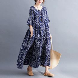 Party Dresses Summer Vintage O Neck Blue Black Loose Cotton Linen Printed Dress Women's Short Sleeve Oversized Long Vestido