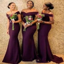 2020 High Quality Cheap elegant Off The Shoulder Satin Long Bridesmaid Dresses Ruched Sweep Train Wedding Guest Maid Of Honour Dres259u