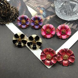 Stud Earrings French Port Of Rural Wind Colour Enamel Glaze Stereo Double Flowers Silver