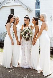 2024 Cheap Simple Bohemian Sheath Bridesmaid Dresses Front Slit Spaghetti Straps Beach Wedding Guest Dresses Maid of Honour Gowns Boho Robes