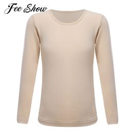 Kids Girls Thermal Underwear Tops Solid Colour Round Neck Long Sleeve T-shirt Stretchy Base Shirt Tops for Ballet Dance Training 240118