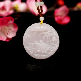 Pendants Chinese Natural Pink Jade Mandarin Duck Pendant Necklace Flower HandCarved Fashion Charm Jewellery Amulet Gifts Men Women Lovers