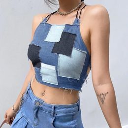 Women's Tanks 2024 Summer Cami Tops Vintage Patchwork Blue Denim Crop Top Women Sexy Slim Backless All-Match Drawstring Jeans Camisole